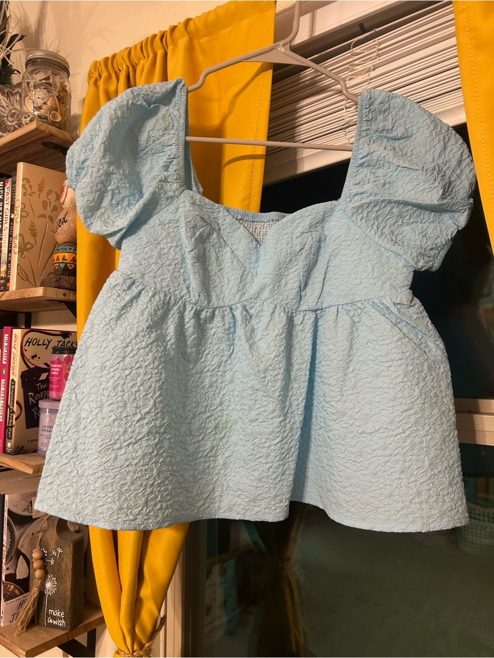 Light Blue Puff Sleeve Peplum Top